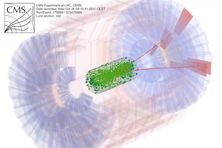 Candidate di-muon event from the CMS experiment in the B<sub>s</sub> meson mass window. The pair of muons are drawn as red lines extending from the particle collision.