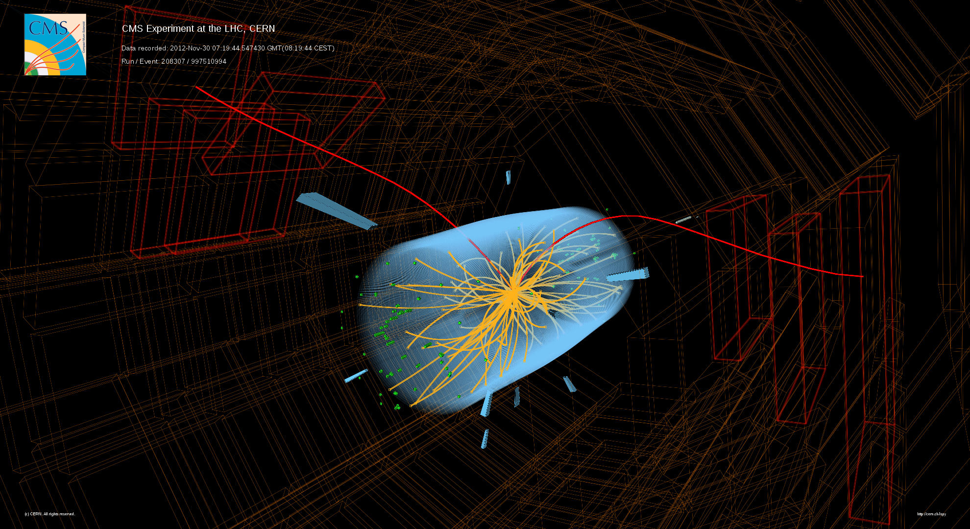 Image 1: A candidate B<sub>s</sub> &rarr; &mu;&mu; event recorded in the CMS detector in 2012, produced in proton-proton collisions at 8 TeV. (Ultra-high-resolution image below, Image 5.)