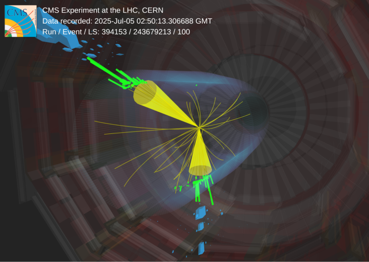 Display of a candidate event recorded by the CMS detector.