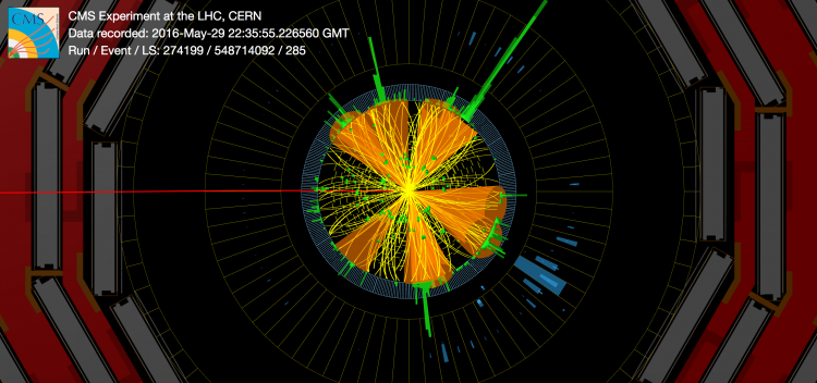 Event display of a candidate tttt event with one of the top quark candidates producing a jet originating from a b quark (b jet), a muon and a neutrino (that the CMS experiment cannot directly detect). The additional jets could come from the other three top quarks. 