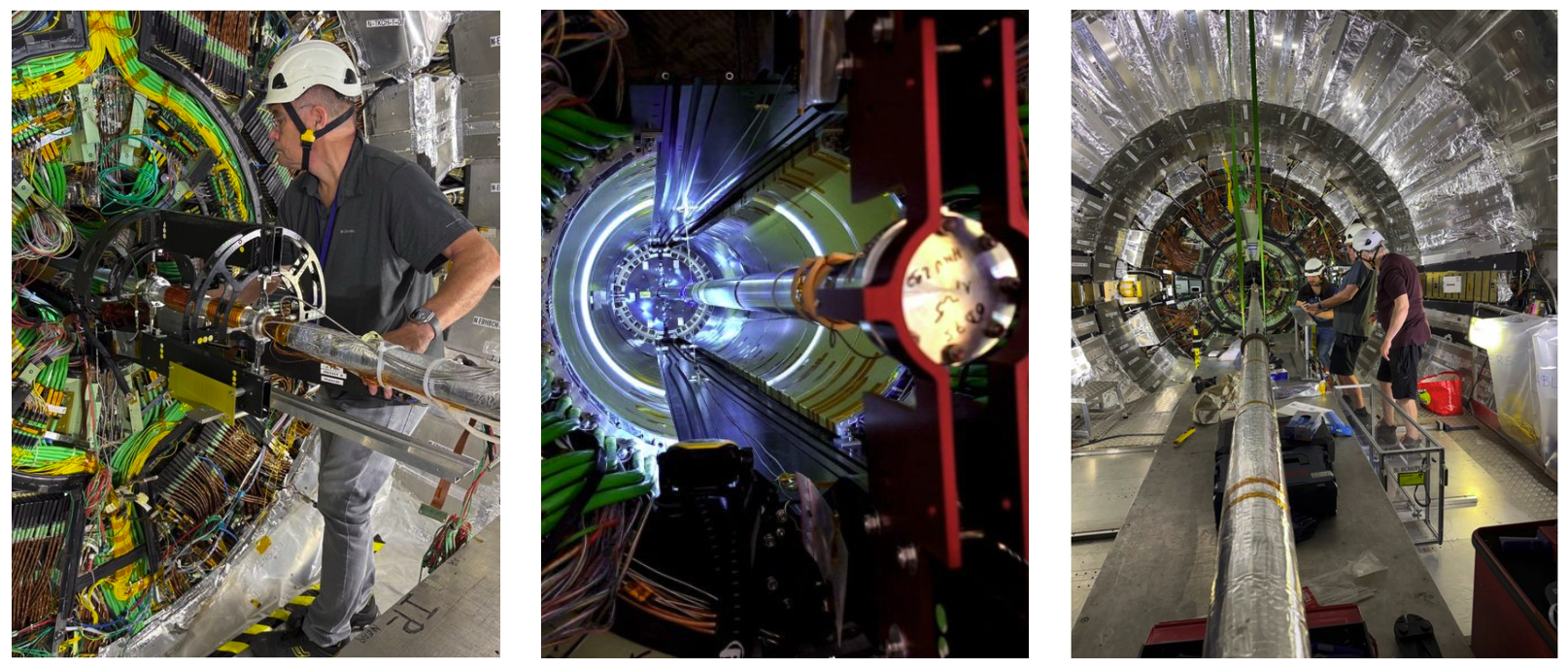 Work around the central CMS detector region. Accessing the equipment closest to the beam line requires carefully coordinated operations in a densely instrumented environment, where detector components, support structures and services occupy almost every available space.