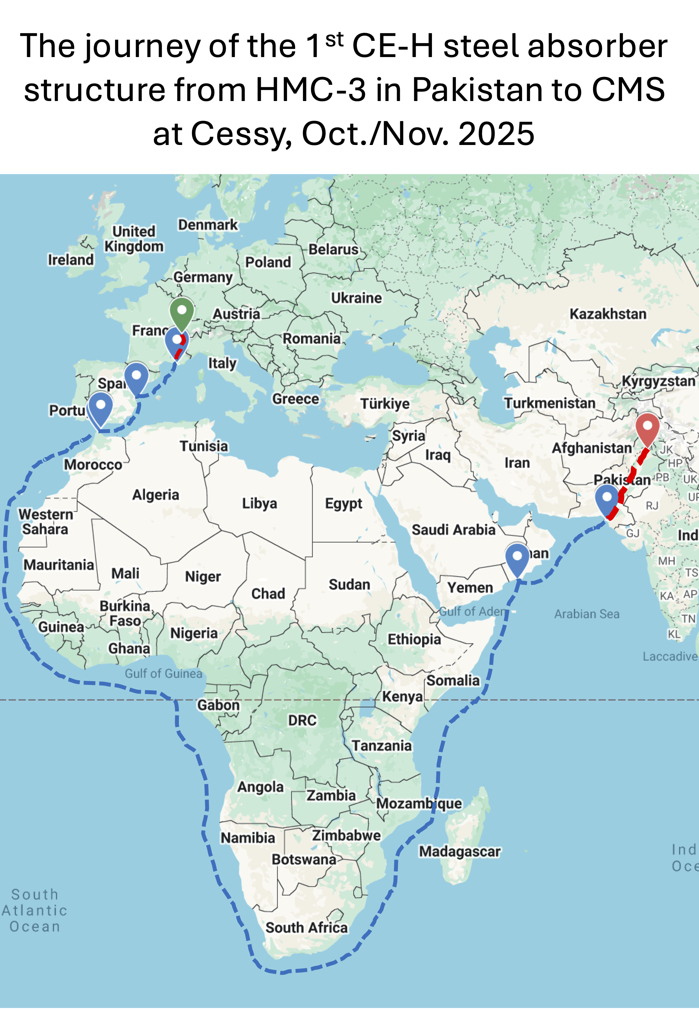 Map showing the route the absorber structure took to get to CERN.