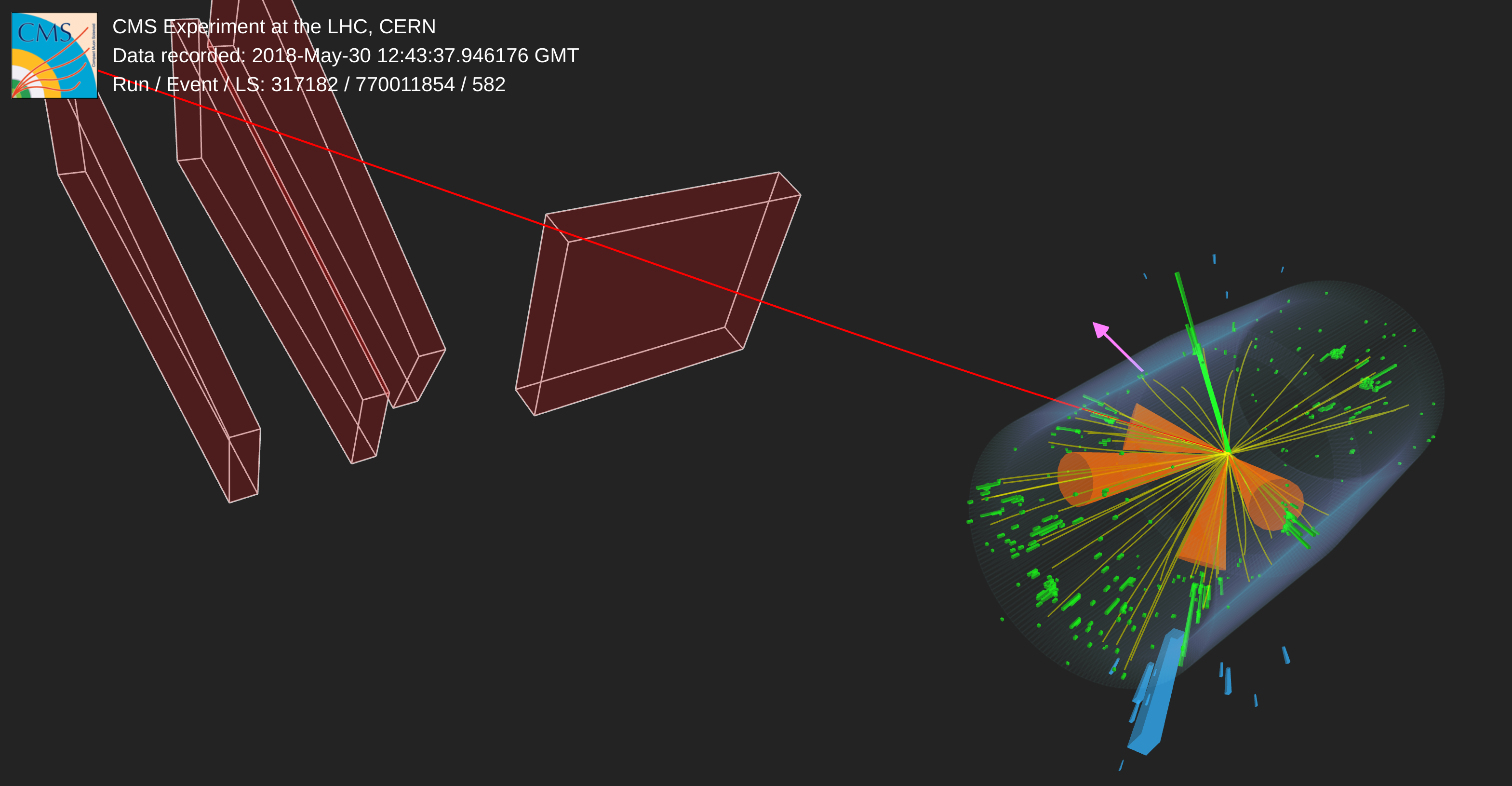 Event display of a candidate ttH event recorded with the CMS detector in 2018.