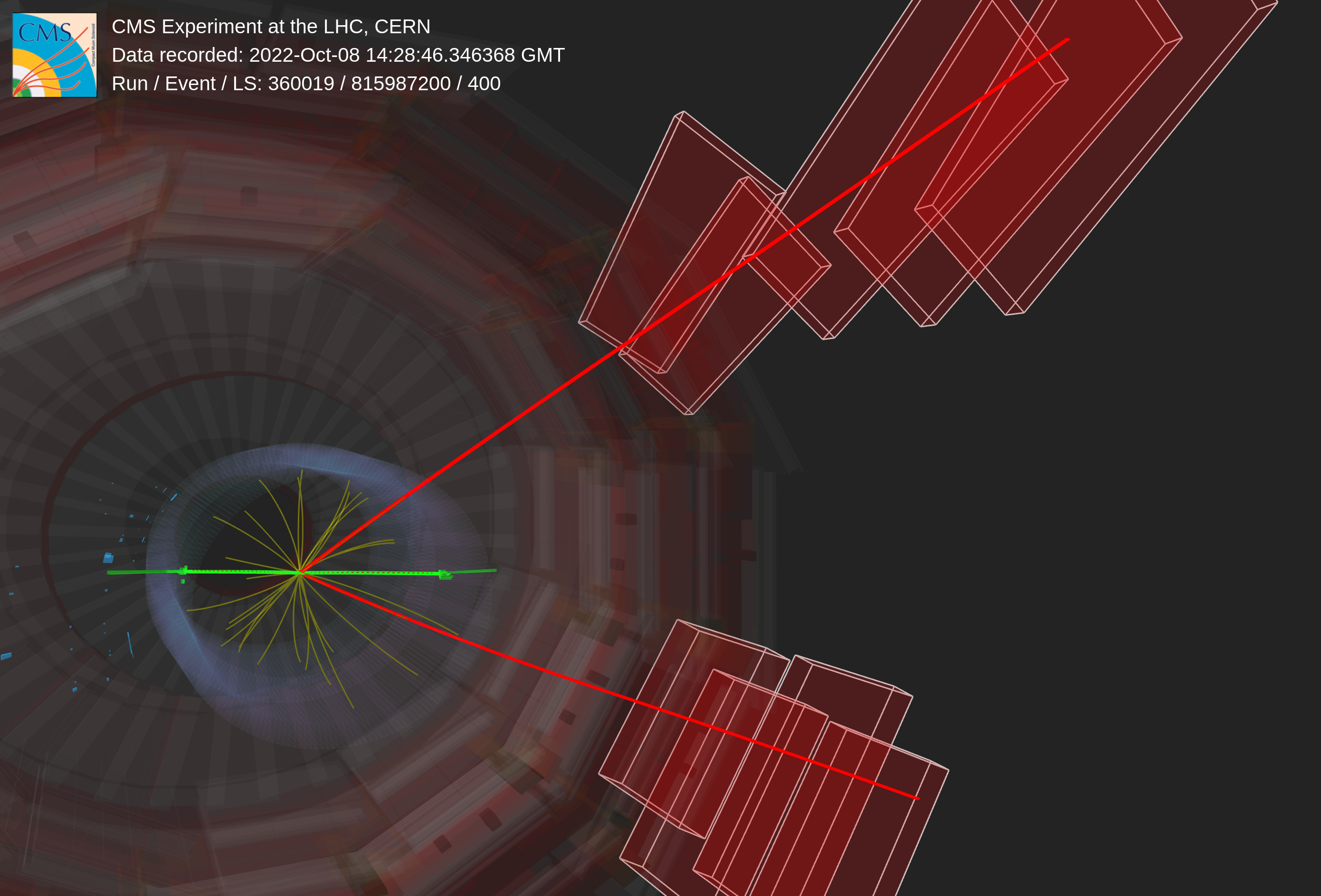 A Higgs boson candidate event recorded by the CMS detector in 2022 in proton-proton collisions at a centre-of-mass energy of 13.6 TeV.