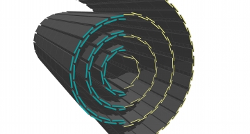 Transverse-oblique view comparing the pixel barrel layers in the existing detector (left half) and the upgraded version (right).