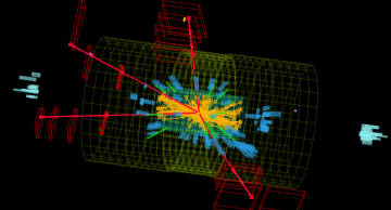 A visualisation of public CMS Level-2 data, here showing a proton-proton collision that may have produced a Higgs boson