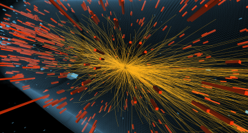 Image 1: Event display for a high-multiplicity pPb collision at 5.02 TeV with about 420 tracks produced, recorded by CMS in 2013.